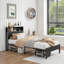 Structure de lit simple en métal avec tête de lit avec rangement, lumières intelligentes et fonction de charge - bruit, sans sommier, charge de bibliothèque à installation rapide, conduit pour une chambre à coucher reposante, assemblage simple-374219468-374219469