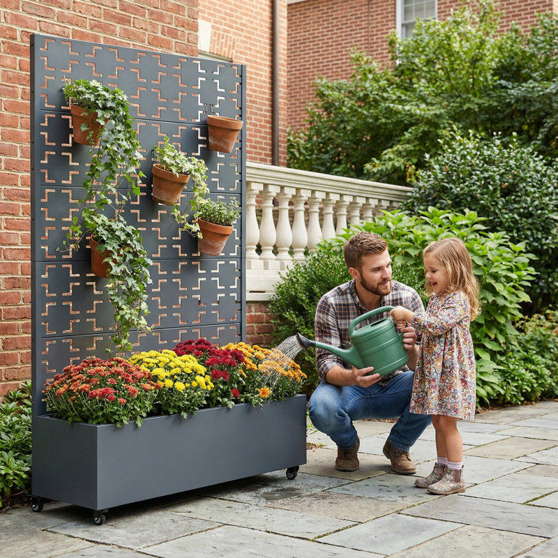 Boîte à fleurs en métal avec treillis et roues, H 72 po x l 47 po x P 16 po, Gris foncé