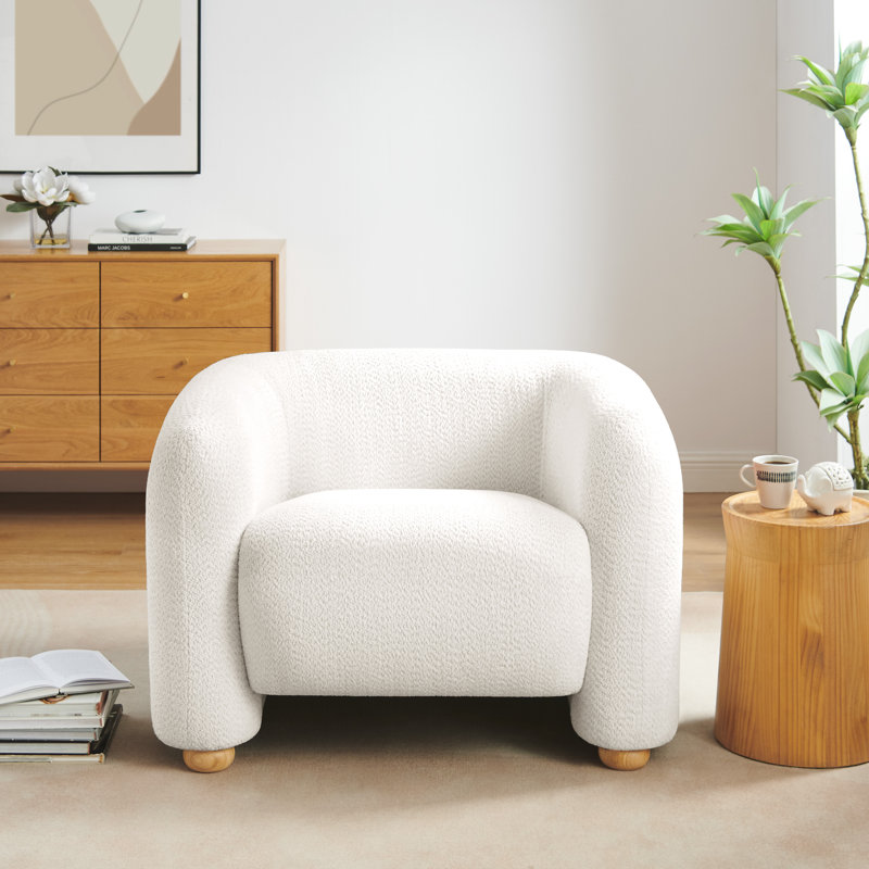 Oversized Reading Armchair , Modern Upholstered Accent Chair with Wood Legs, White Boucle
