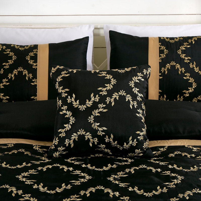 Full Black and Gold Faux Silk Embroidered Comforter Set