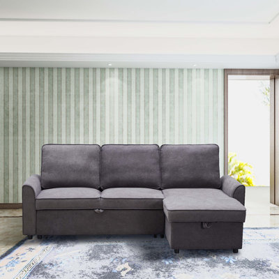 Canapé-lit modulaire moderne en L avec méridienne, canapé-lit réversible avec lit escamotable et rangement, canapé-lit en lin 4 places pour salon gris foncé
