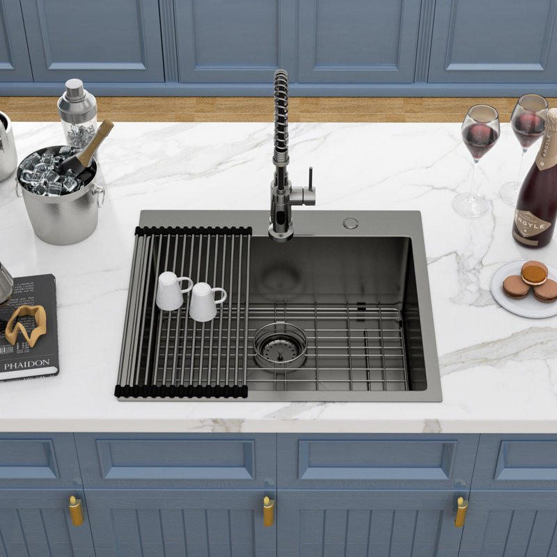 Évier de cuisine encastré à simple cuve en acier inoxydable de calibre 16 L 25 po x l 22 po, Noir