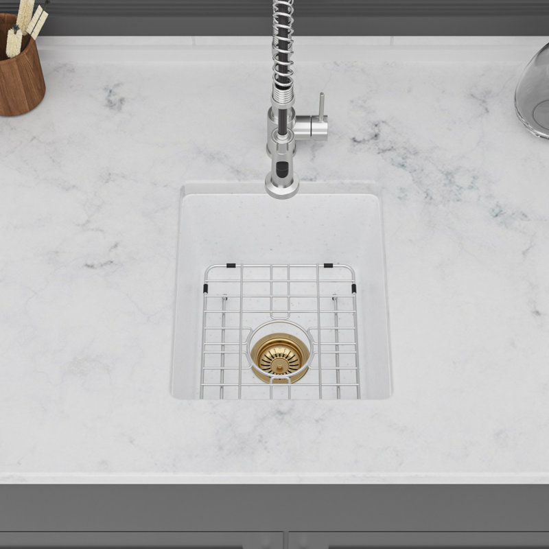 Évier de cuisine en quartz - Évier de cuisine à simple cuve en composite en granite 14,82 po x 17,55 po x 8,38 po, Blanc