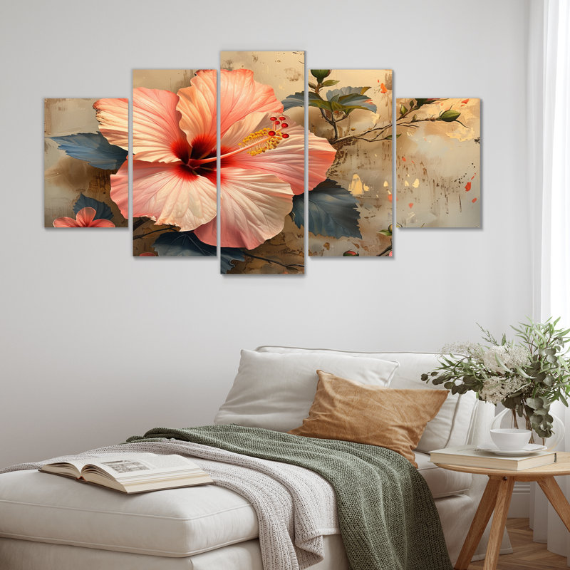 Hibiscus rétro rose et beige, fragiles beauté - ensemble d'art mural sur toile Hibiscus