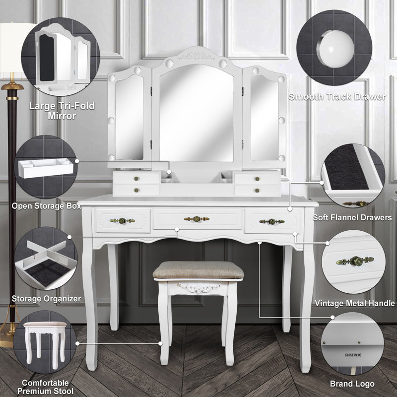 Ensemble coiffeuse avec miroir Eclipse, Blanc
