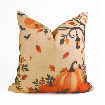 Halloween Lantern and Pumpkin Linen Blend Throw Pillow Cover, Spooky Autumn Harvest & Bats Decorative Accent Pillow for Couch, Sofa, and Bed