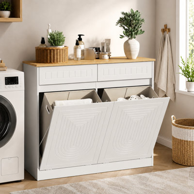 Double Tilt Out Laundry Hamper & Hidden Trash Can Cabinet With 2 Drawers, 2 X 10 Gallon Removable Laundry Baskets, Embossed Wooden Storage Cabinet With Wide Countertop