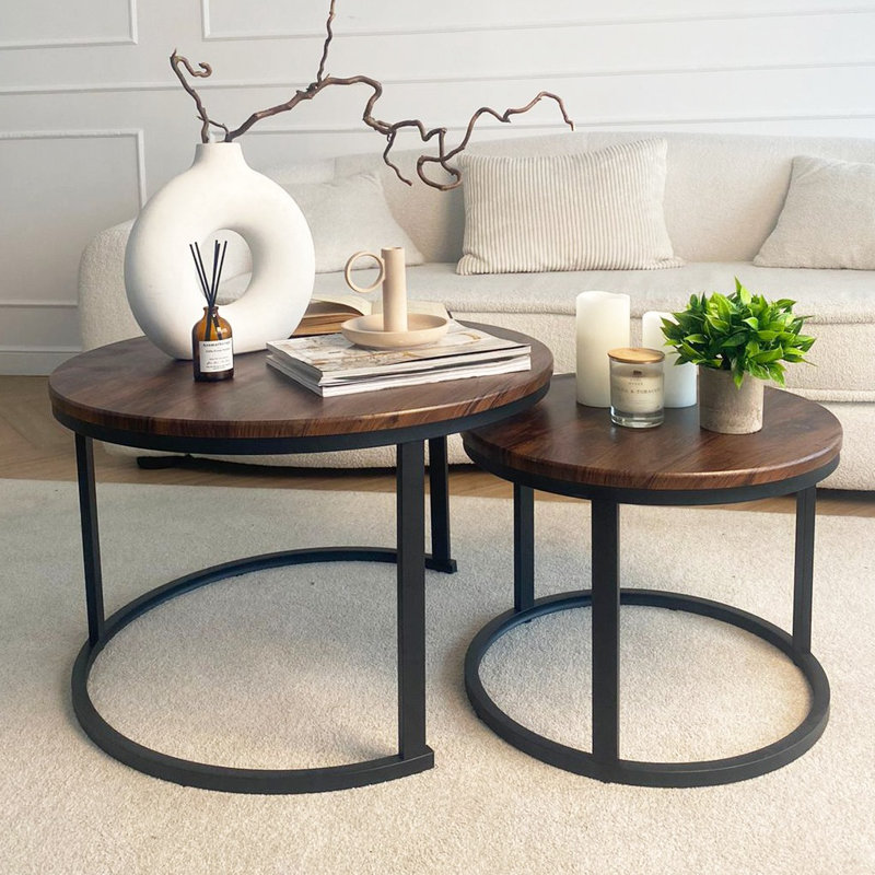Froppi Nesting Coffee Tables For Living Room: 2 Tables D70 H45 Cm And D50 H38 Cm, Dark Brown Wood