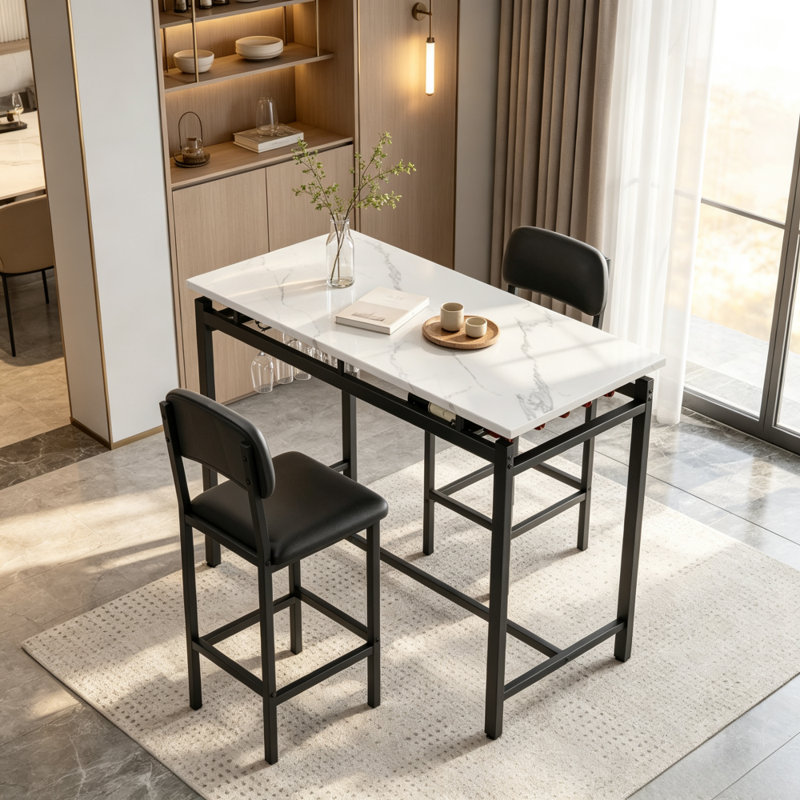 Ensemble de table et chaises de salle à manger modernes pour 2 personnes, fini en marbre, avec 2 chaises rembourrées. Parfait pour un coin repas, une salle à manger ou un bar. Style rustique noir.