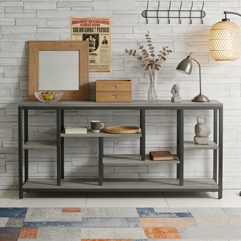 Entryway Sofa Table with Storage Shelves, Gray & Black