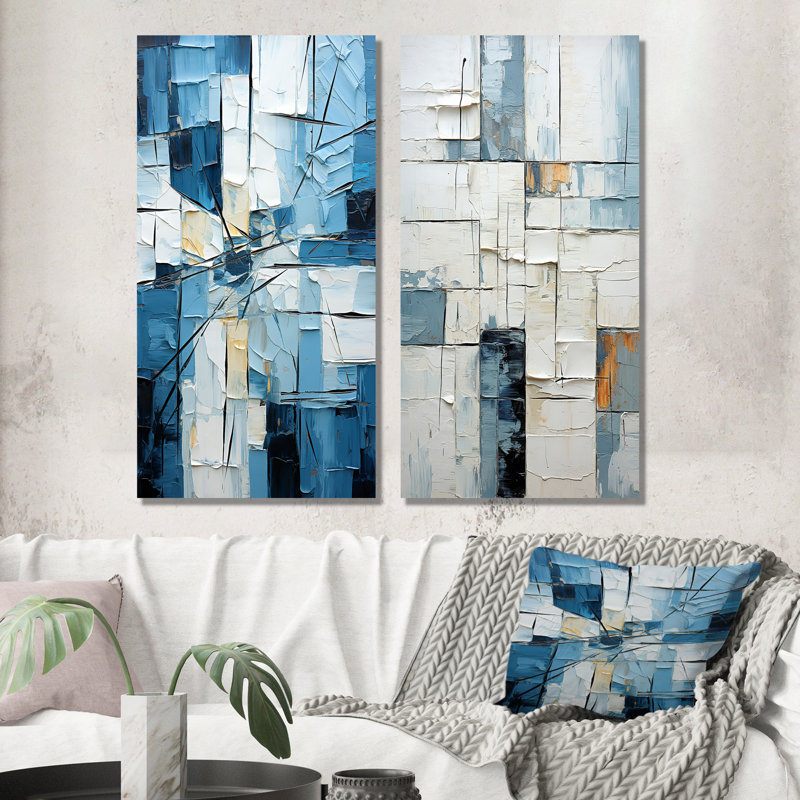 Cubisme bleu et blanc - Ensemble de 2 décorations murales formes abstraites, H 40 po x l 41 po, Toile tendue