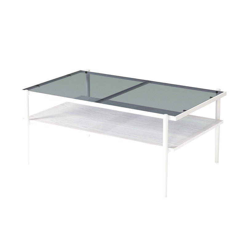 Table basse rectangulaire avec plateau en verre trempé gris et pieds blancs, table moderne pour le salon, Blanc