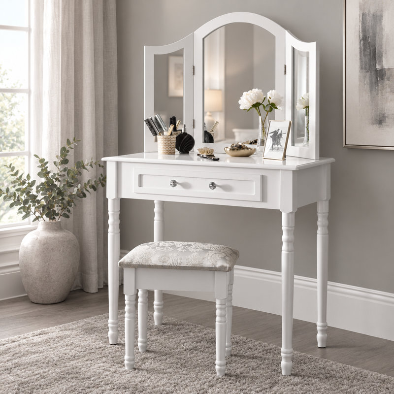 Dressing Table with Mirror and Seat, White
