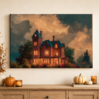 Manoir hanté avec lune - Décoration murale gothique pour l'Halloween, impression sur toile tendue de 40,6 cm x 61 cm, prête à être accrochée dans le salon, la chambre ou le bureau.