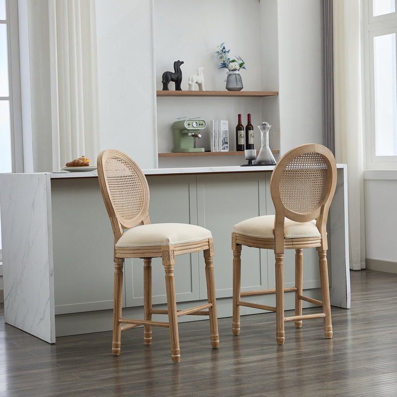 Ensemble de 2 tabourets de bar en bois massif avec tabourets de cuisine en bois massif de style campagne française classique pour comptoir de bar - Beige