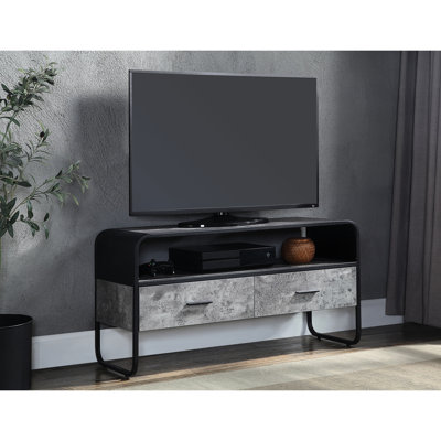 Concrete Gray & Black Finish Tv Stand With 1/2 Extension Drawer And Metal Frame For 39" Tvs 2 Storage Drawers Small
