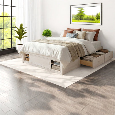 Lit plateforme avec rangement en bois massif blanc antique et peu encombrant