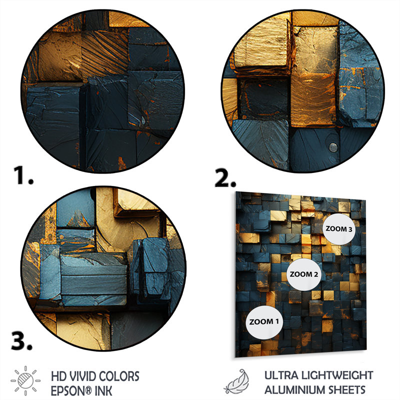 «Grunge Gold Cubes Abstract Geometric V - Abstract Tile», art mural en métal, H 44 po x l 34 po x P 1,5 po
