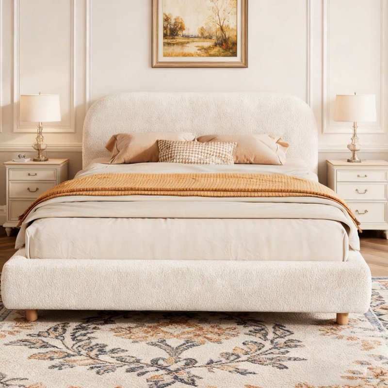Lit plateforme grand avec tissu Boucle, lit plateforme tapissier en tissu Boucle avec tête de lit courbée, blanc, assemblage facile