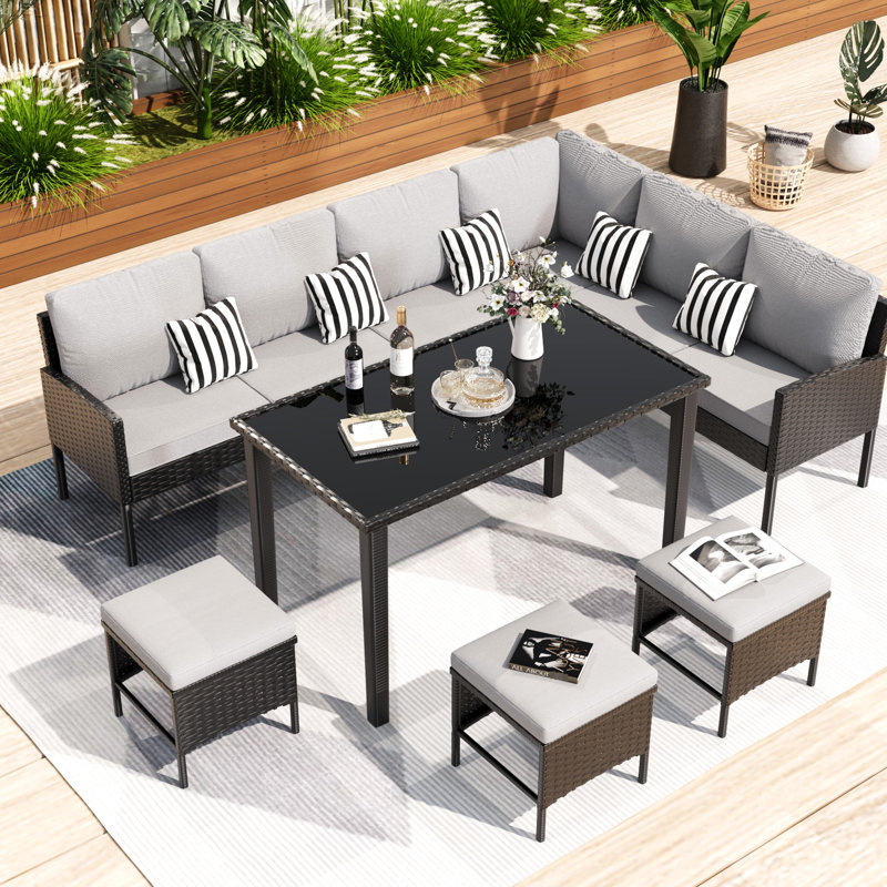 Contemporain 7 meubles de patio avec une conception ergonomique à haut dossier, des coussins imperméables, une structure résistante aux intempéries, un siège pour 10 personnes ou plus, une structure de siège