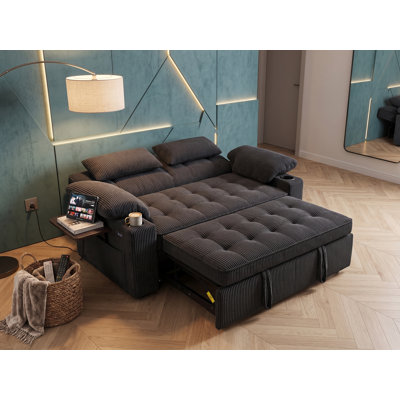 Canapé inclinable rembourré de 58 po avec table pliable, causeuse convertible double avec port USB intégré et porte-gobelets,
