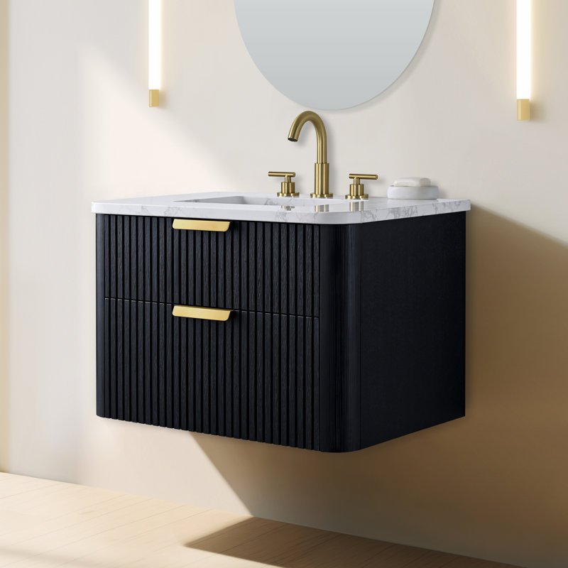 Ensemble de meuble-lavabo simple 30 po avec dessus en pierre reconstituée Liljan, Chêne noir