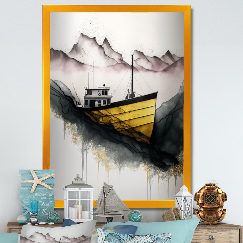 Bateau de pêche noir et jaune, H 20 po x l 12 po x P 1 po, Impression dorée sur toile encadrée