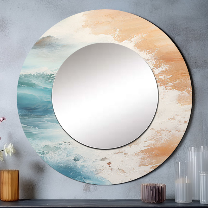 Moderne bleu et beige sable vue aérienne II - miroir mural décoratif sable de plage, grand miroir rond beige, impression d'art en métal