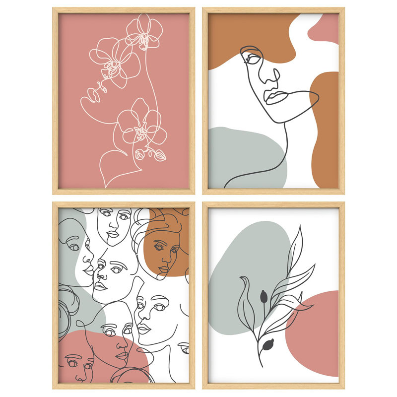 «Modern Line Art visages and Botanicals Illustration Relax Minimalist Abstract Wall Decor», 4 pièces, Naturel