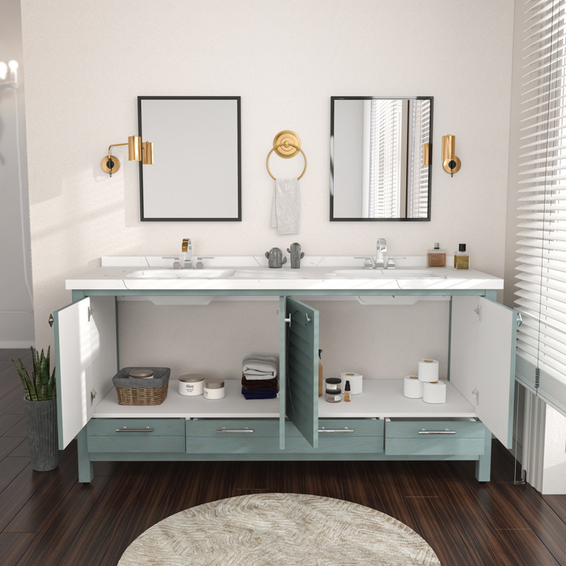 Meuble-lavabo double autoportant 71 po avec plateau en marbre d'ingénierie Efstathios, Bleu-vert