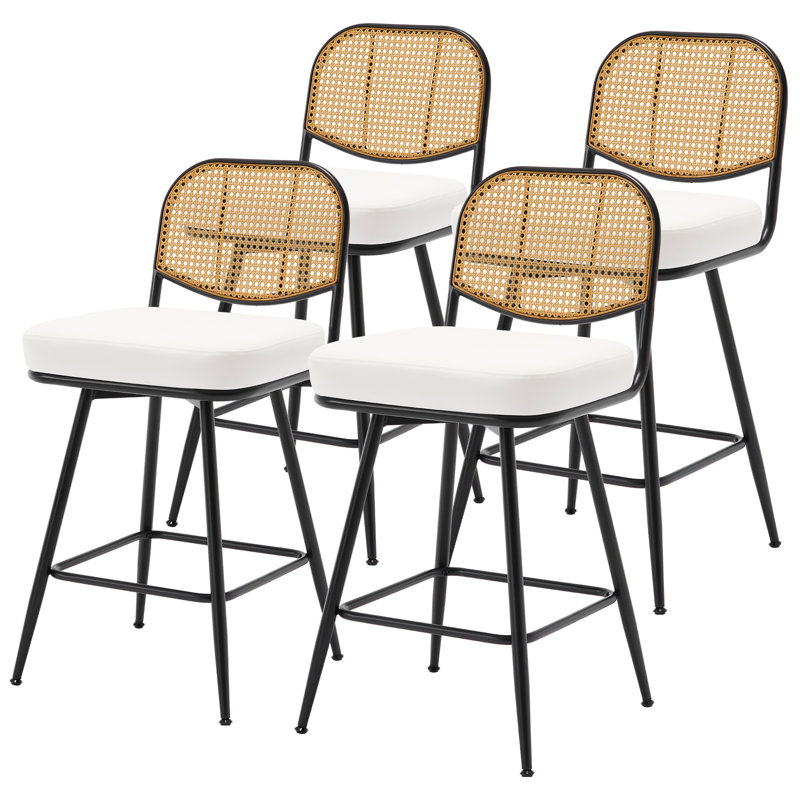 Upholstered Swivel Counter Stool With Rattan Backrest, White, Counter Stool (26” Seat Height)
