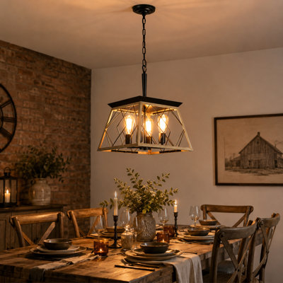 Luminaire suspendu 4 lumières pour îlot de cuisine, fer et bois de chêne résistants à la rouille avec hauteur réglable