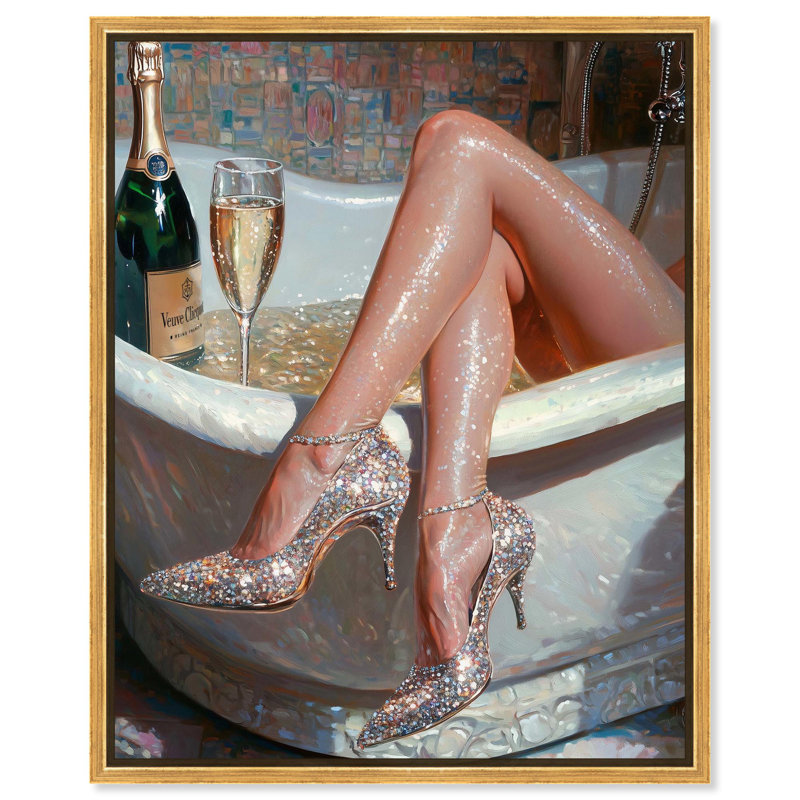 Toile Champagne Bath Party par Art Remedy, H 21 po x l 17 po, Cadre flottant, Noir