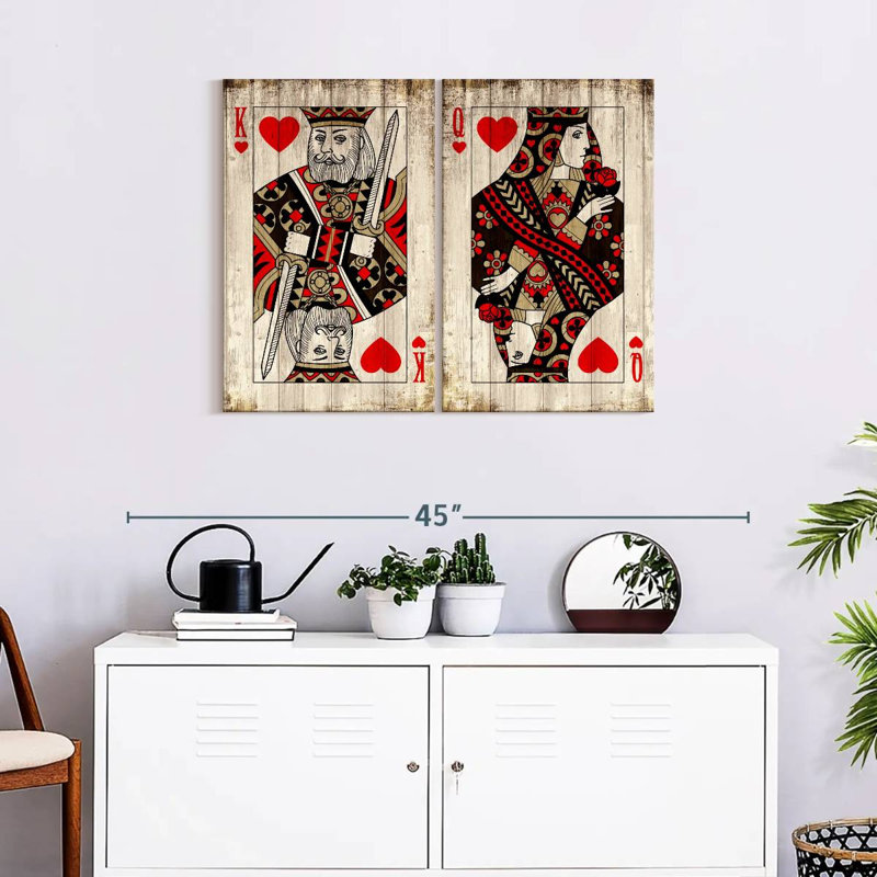 Ensemble de 2 pièces en bois pour le roi et la reine des cœurs sur toile, H 33 po x l 24 po