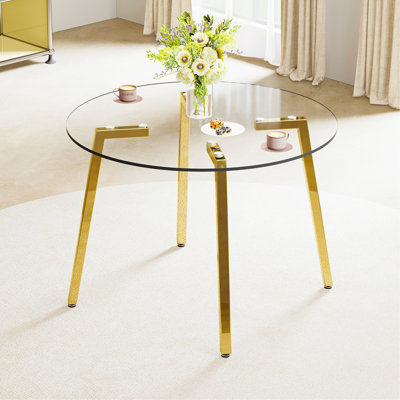 Modern Minimalist Style Circular Transparent Tempered Glass Table, Tempered Glass Tabletop, Golden Metal Legs, Suitable For Kitchen, Dining Room, And Living Room, 42 "* 42" * 29.5 "1123R