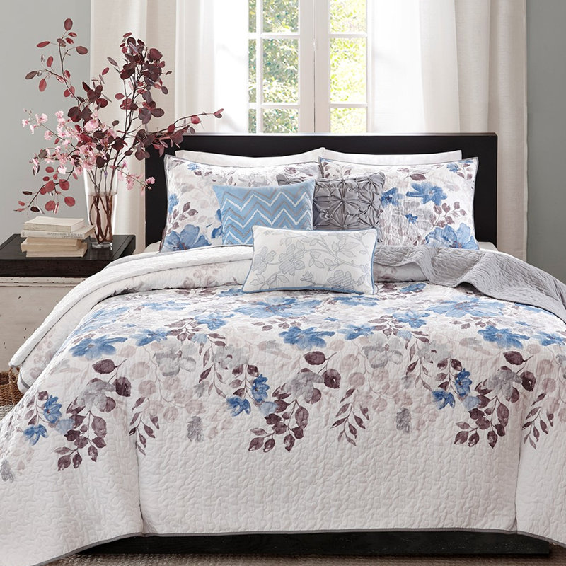 Courtepointe bleu très grand / très grand, 6 pièces, thème de l'aquarelle, microfibre réversible, coussins, impression à la machine, lavage