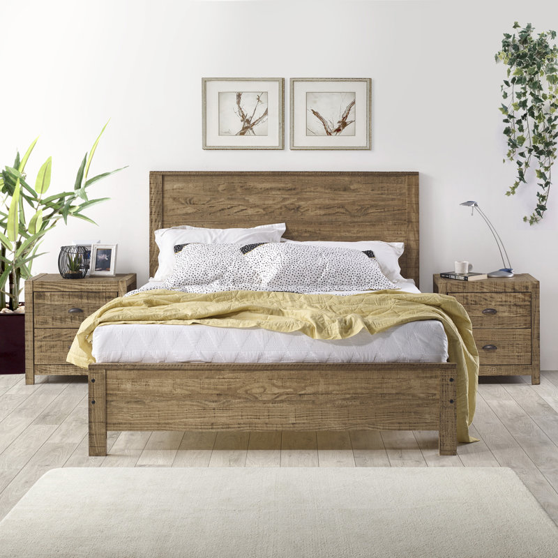 Cadre de lit en bois massif robuste avec 2 tables de chevet Albany, Noyer, Grand