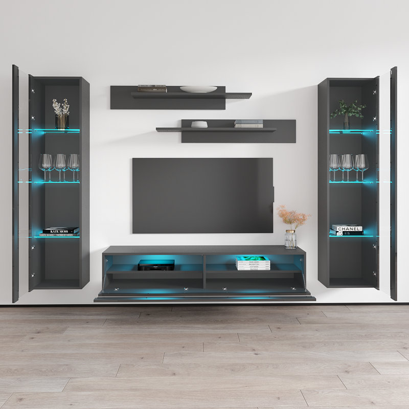 100" Modern Floating Wall Mounted Entertainment Center with 16-Color LED Lighting, High Gloss Finish, Gray