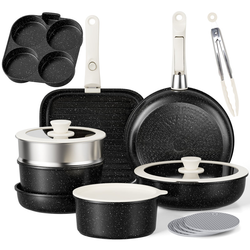 Caannasweis 19 Pieces Nonstick Pots and Pans Detachable Handle Cookware Sets, Black