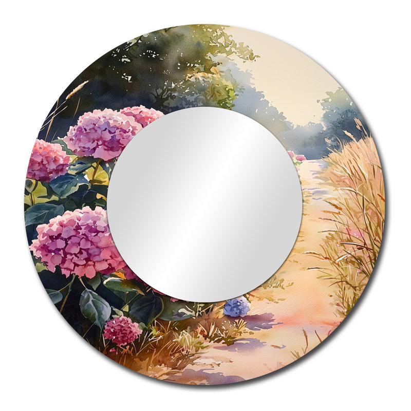 Hydrangeas In A Country Lane I - Miroir floral pour décoration murale - imprimé sur métal, 29 po x 29 po