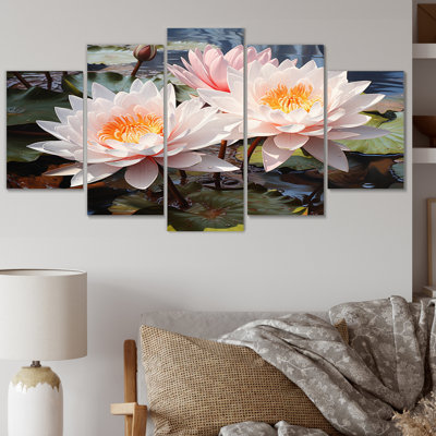 «Pink Yellow Lotus Lotus Serenity - Floral Wall Art Living Room - 5 Panels