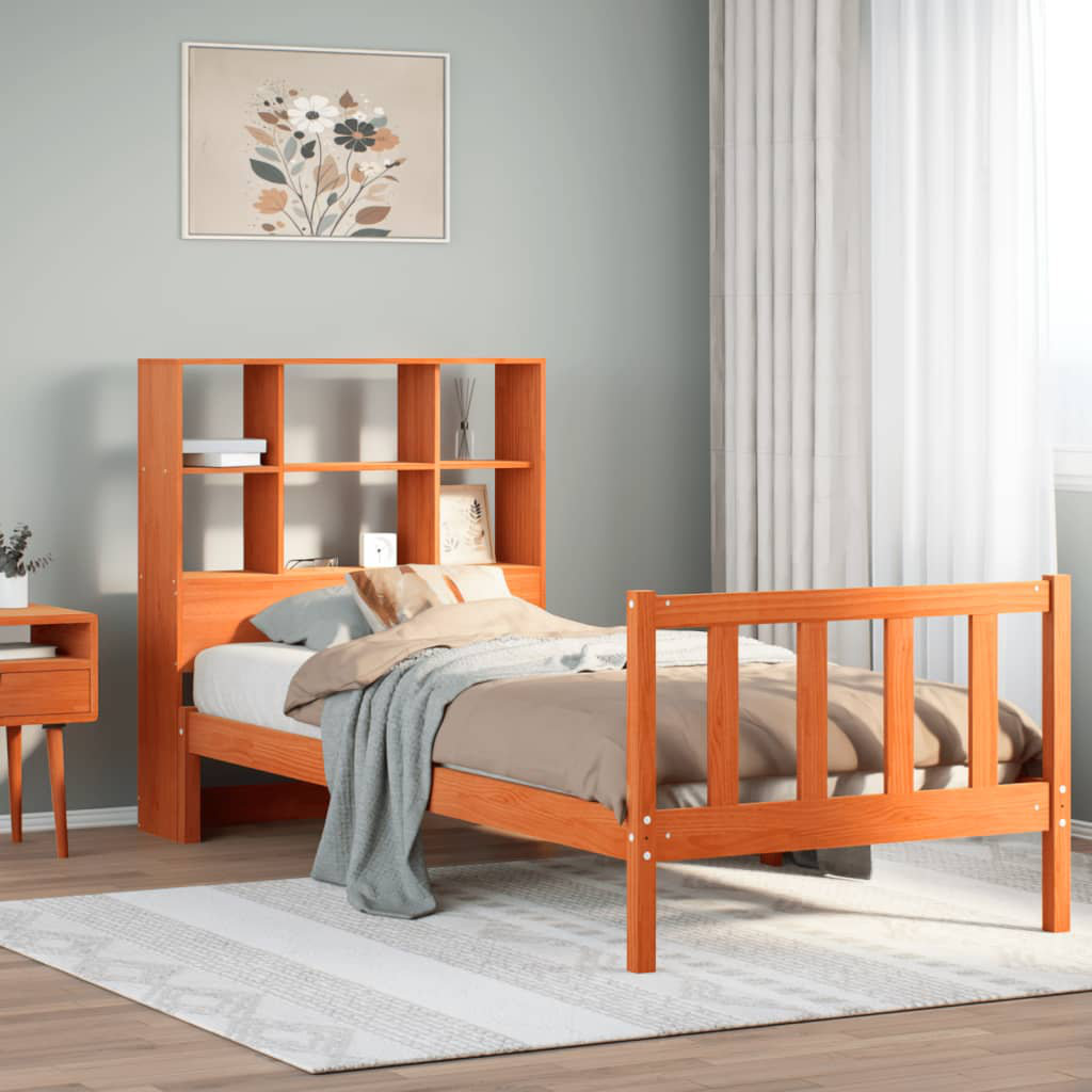 Solid Wood Bed with Shelf, Wax Brown 200cm x 200cm
