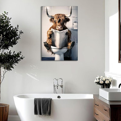 Cow Bathroom Canvas Wall Art Funny Farmhouse Animal Paintings Prints Cow Reading Newspapers on Toilet Picture Modern Bath Artwork for Wall Decor Framed, 16.00x24.00 inch