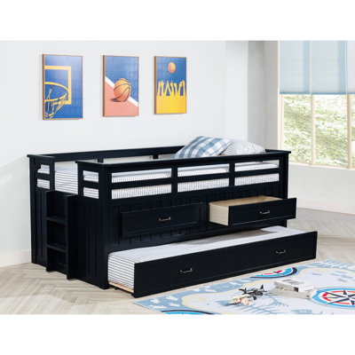 Lit capitaine simple bleu marine avec lit gigogne, garde-corps et tiroirs intégrés, chambre à coucher fabriquée en bois d'ingénierie en pin pour plus de confort