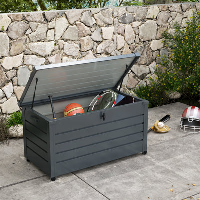 Boîte de rangement de jardin, coffre de terrasse avec verrou pour outils, coussins gris