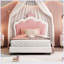 Lit princesse rembourré avec tête de lit couronne, lit plateforme avec tête de lit et pied de lit, blanc et rose-1659411806-1659411807