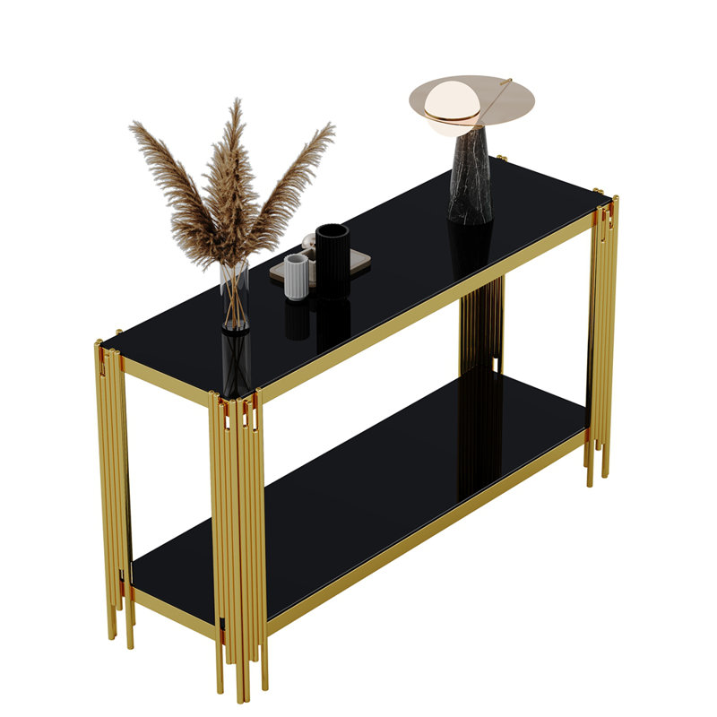 Console supérieure et inférieure en verre trempé à double couche et cadre en acier inoxydable à finition miroir, Noir, Doré