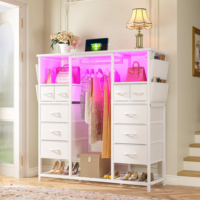 51.2" Wide Dresser With 10 Drawers, Built-in Clothing Rack, Usb Charging Station & Led Shoe Storage, White