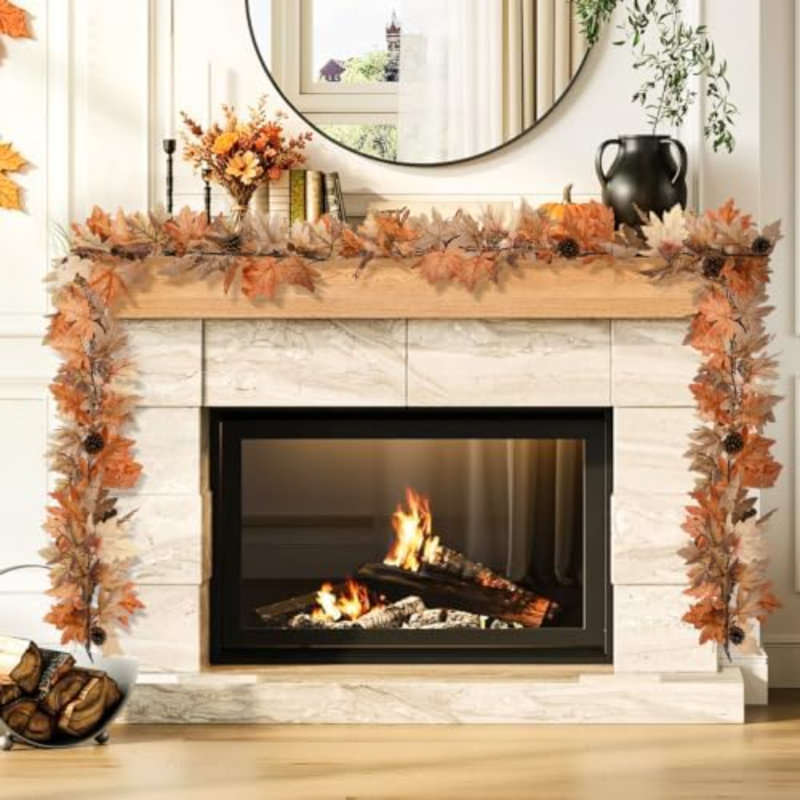 9 Ft Fall Garland with Lights & Timer, Thanksgiving Fireplace Mantel Décor