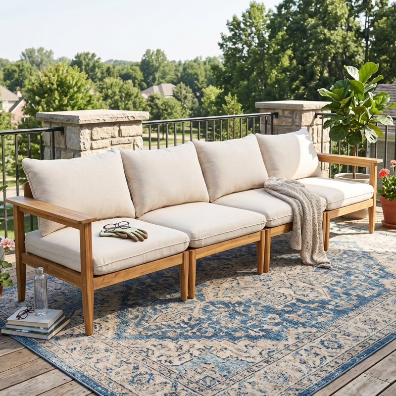 Canapés de patio spacieux 4 places en bois d'acacia, de style rustique moderne, pour recevoir à la maison